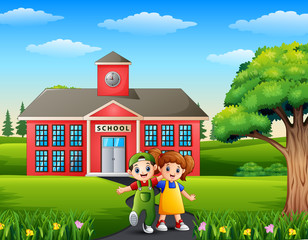 Cartoon a boy and girl in front the school building