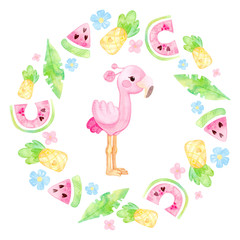 Hand painted watercolor. Cute cartoon illustration. Round wreath. Warm tropics. Flamingo, pineapple, watermelon, leaves, flowers. Isolated on white background