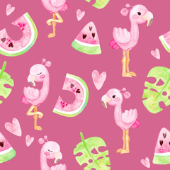 Hand painted watercolor. Cute cartoon illustration. Warm tropics seamless pattern. Flamingo, watermelon, leaves, flowers.