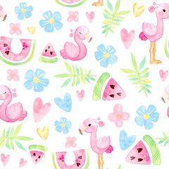 Hand painted watercolor. Cute cartoon illustration. Warm tropics seamless pattern. Flamingo, watermelon, leaves, flowers. Isolated on white background