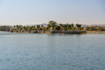 Nehru Park island garden in Fateh Sagar lake in Udaipur. India