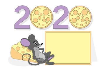 Mouse and cheese New Year card and the inscription 2020, for design, children's creativity and scrapbooking