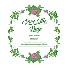 Template of greeting card save the date, with artwork of green leaves frame and pink rose flower. Vector