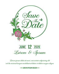 Wallpaper of card save the date, with modern green leaf flower frame. Vector