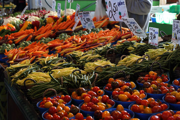 Farm market photo with different vegetables and greens. Organic products and healthy lifestyle.