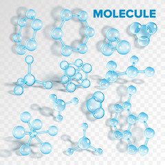 Glass Molecule Pharmaceutical Model Set Vector. Collection Of Transparent Biochemistry, Chemical And Medical Molecule. Atomic Combination Geometry Template Realistic 3d Illustrations