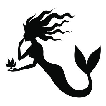 Vector illustration of silhouette of princess mermaid with flower