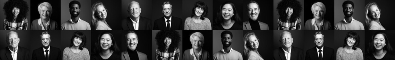 Collection of 9 happy people faces - black and white edition