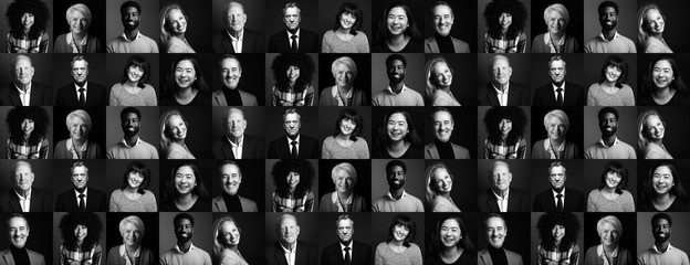 Collection of 9 happy people faces - black and white edition