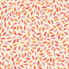 Autumn leaves seamless repeat pattern in orange, red and pink. Vector tossed leaf pattern background design.