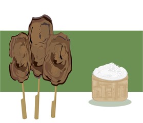 Sticky rice, grilled pork, skewers, popular Thai breakfast, fast and convenient food, illustration