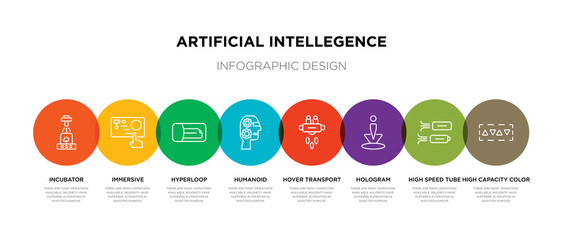 8 colorful artificial intellegence outline icons set such as high capacity color barcode, high speed tube, hologram, hover transport, humanoid, hyperloop, immersive, incubator