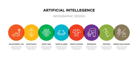8 colorful artificial intellegence outline icons set such as robots and humans, rotation, sensorama, smart clothing, smart glasses, smart lens, smartwatch, solar energy car