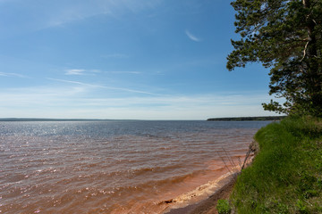 Summer landscape with a river, blue sky and cloud. Before a thunderstorm with rain