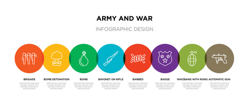 8 Colorful Army And War Outline Icons Set Such As Automatic Gun, Whizbang With Rong, Badge, Barbed, Bayonet On Rifle, Bomb, Bomb Detonation, Brigade