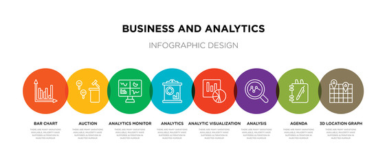 8 colorful business and analytics outline icons set such as 3d location graph, agenda, analysis, analytic visualization, analytics, analytics monitor, auction, bar chart