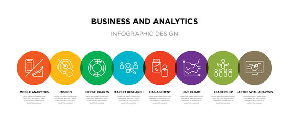 8 colorful business and analytics outline icons set such as laptop with analysis, leadership, line chart, management, market research, merge charts, mission, mobile analytics