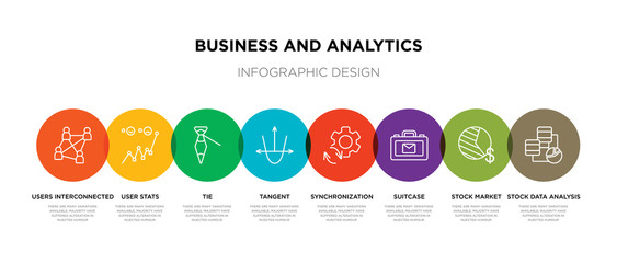 8 colorful business and analytics outline icons set such as stock data analysis, stock market, suitcase, synchronization, tangent, tie, user stats, users interconnected