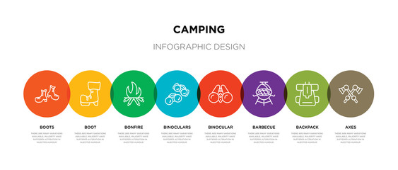 8 colorful camping outline icons set such as axes, backpack, barbecue, binocular, binoculars, bonfire, boot, boots