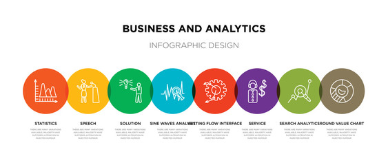 8 colorful business and analytics outline icons set such as round value chart, search analytics, service, setting flow interface, sine waves analysis, solution, speech, statistics