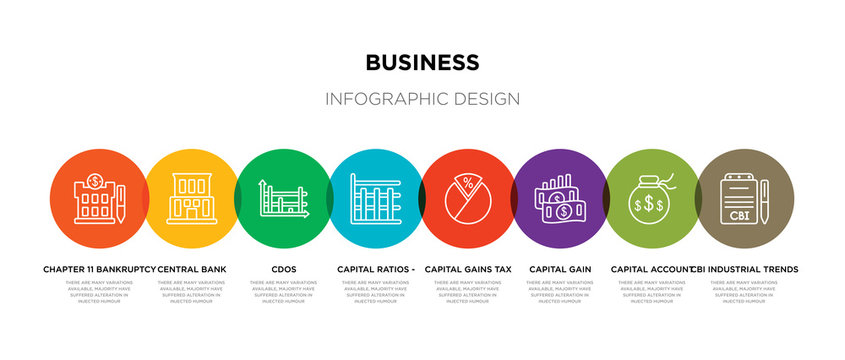 8 colorful business outline icons set such as cbi industrial trends, capital account, capital gain, capital gains tax, ratios - tier 1 and tier 2, cdos, central bank, chapter 11 bankruptcy