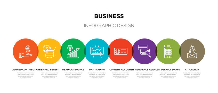 8 colorful business outline icons set such as cit crunch, cit default swaps, cit reference agency, current account, day trading, dead cat bounce, defined benefit pension, defined contribution