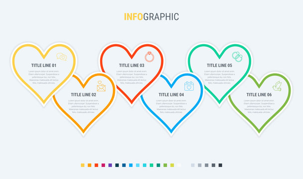 Vector infographics timeline design template with hearts elements. Content, schedule, timeline, valentines day, mothers day, flowchart. 6 steps infographic.