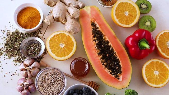 Health food to boost immune system. High in antioxidants, minerals and vitamins. Top view	