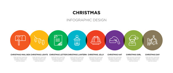 8 colorful christmas outline icons set such as christmas day, christmas girl, hat, jelly, lantern, letter, lights, mail box