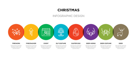 8 colorful christmas outline icons set such as deer, deer costume, deer horns, easter egg, elf costume, event, firecracker, firework