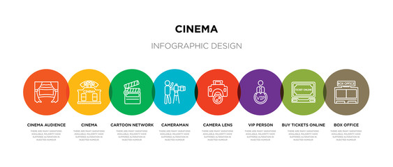 8 colorful cinema outline icons set such as box office, buy tickets online, vip person, camera lens, cameraman, cartoon network, cinema, cinema audience