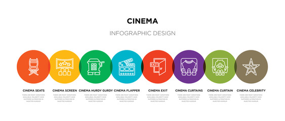 8 colorful cinema outline icons set such as cinema celebrity, cinema curtain, curtains, exit, flapper, hurdy gurdy, screen, seats