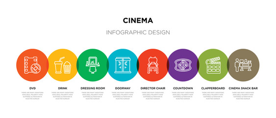 8 colorful cinema outline icons set such as cinema snack bar, clapperboard, countdown, director chair, doorway, dressing room, drink, dvd