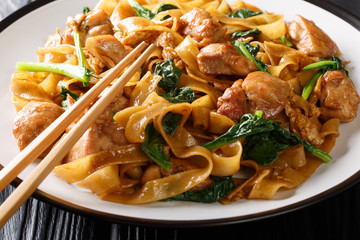 Street Thai food noodles with chicken, Chinese broccoli and egg close-up on a plate. horizontal