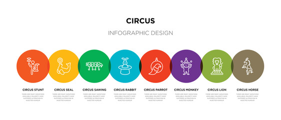 8 colorful circus outline icons set such as circus horse, circus lion, monkey, parrot, rabbit, sawing, seal, stunt