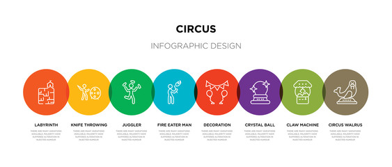 8 colorful circus outline icons set such as circus walrus, claw machine, crystal ball, decoration, fire eater man, juggler, knife throwing, labyrinth