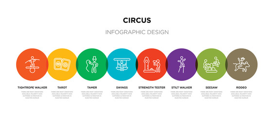 8 colorful circus outline icons set such as rodeo, seesaw, stilt walker, strength tester, swings, tamer, tarot, tightrope walker