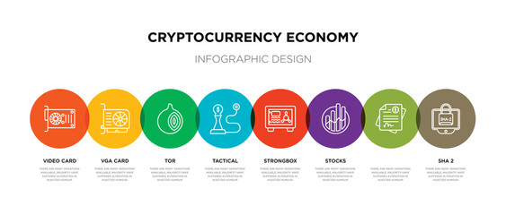 8 colorful cryptocurrency economy outline icons set such as sha 2,  , stocks, strongbox, tactical, tor, vga card, video card