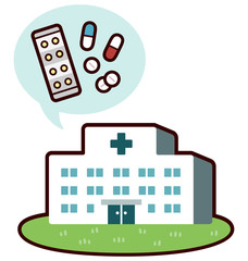 hospital with medicines. speech bubbles