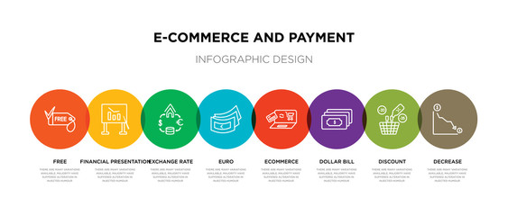 8 colorful e-commerce and payment outline icons set such as decrease, discount, dollar bill, ecommerce, euro, exchange rate, financial presentation, free