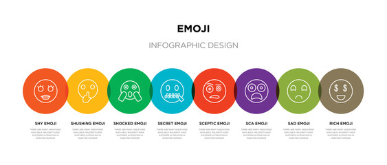 8 colorful emoji outline icons set such as rich emoji, sad emoji, sca sceptic secret shocked shushing shy