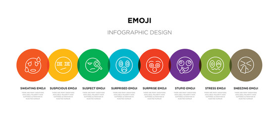 8 colorful emoji outline icons set such as sneezing emoji, stress emoji, stupid surprise surprised suspect suspicious sweating