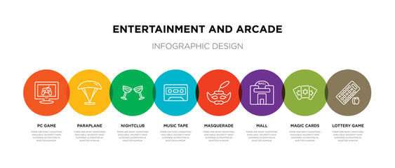 8 colorful entertainment and arcade outline icons set such as lottery game, magic cards, mall, masquerade, music tape, nightclub, paraplane, pc game