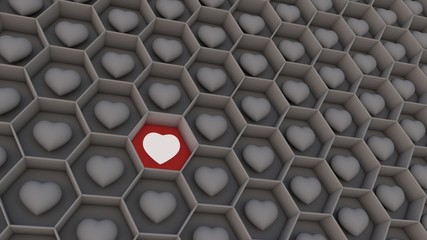 A shining heart / hexagon wallpaper / concept love / 3d illustration