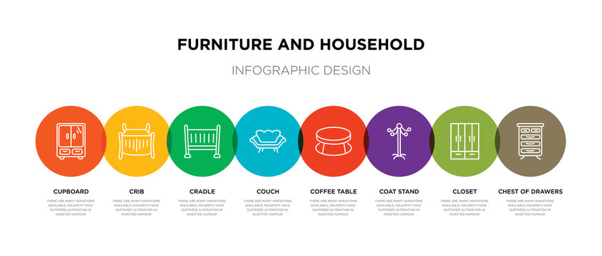 8 Colorful Furniture And Household Outline Icons Set Such As Chest Of Drawers, Closet, Coat Stand, Coffee Table, Couch, Cradle, Crib, Cupboard