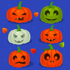 Set of vector illustration of Halloween pumpkins and leafs on blue background