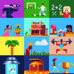 Pixel art set, ninja, palm, athlete holds barbell, saloon, soccer player, mexican couple, isolated vector illustration, design for logo, sticker, mobile app. Game assets 8-bit sprite.