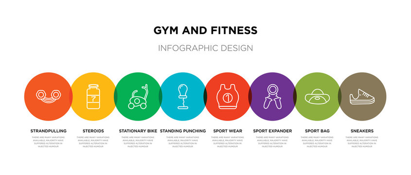 8 Colorful Gym And Fitness Outline Icons Set Such As Sneakers, Sport Bag, Sport Expander, Sport Wear, Standing Punching Ball, Stationary Bike, Steroids, Strandpulling