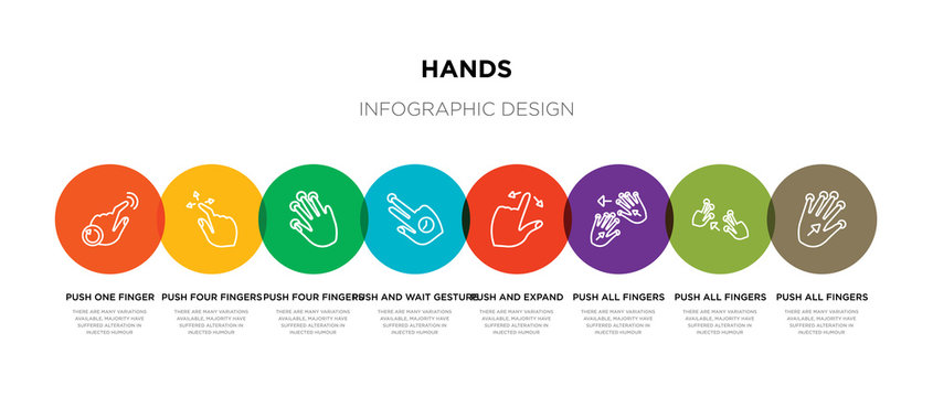 8 colorful hands outline icons set such as push all fingers to expand, push all fingers to slide and expand, push all fingers to twist left, and expand gesture, and wait gesture, four four move