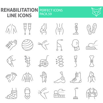 Rehabilitation thin line icon set, therapy symbols collection, vector sketches, logo illustrations, physiotherapy signs linear pictograms package isolated on white background.